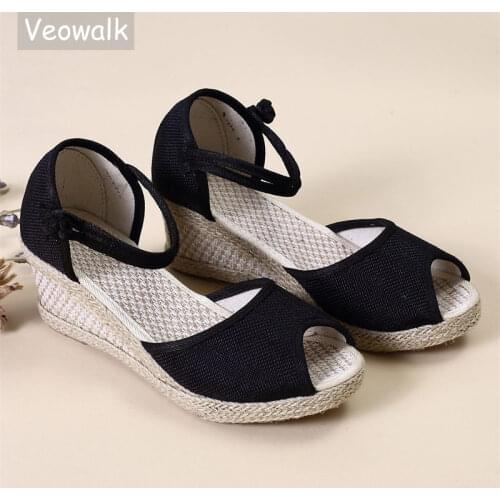 Veowalk Handmade Women Plain Linen Peep Toe Sandals Wedge Espadrilles Platform 5cm Heel Comfort Bohemian Ladies Summer Shoes
