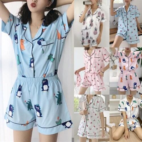 2Pcs Women Pajama Set Turn Down Collar Short Sleeve Top Tshirt Hot Shorts Pyjamas Womens Pajama Set Sleepwear Femme Pijamas