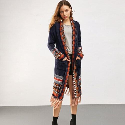 Jacquard Cardigans Autumn Geometric Pattern Knit Women Coats Bohemian Fringe Tassels Knitwear Vintage Peru Ethnic Winter Coat
