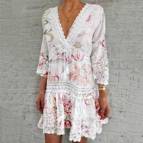 Ladies Holiday Beach Casual Dress Women V-Neck Three Quarter Sleeve Tassel Elegant Hollow Out Dress Floral Print Party Dresses
