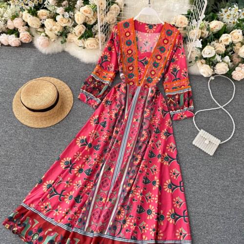 Boho tourist holiday beach dress Nepal retro print long style dress south Korean web celebrity fashion temperament thin dress 30