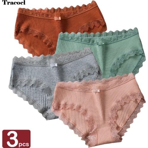 Tracoel 3Pcs Lace Knot Panties For Women Underwear Cotton Spandex Briefs Dropshipping Sexy Bow Lingerie Underpants Panty