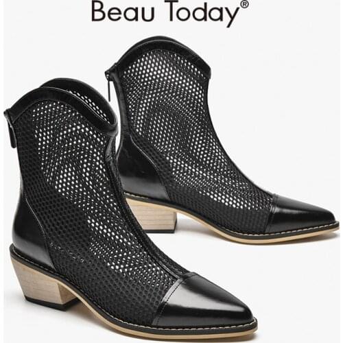 Ankle Boots Women Cow Leather Mesh Pointed Toe Hollow Back Zipper High Heel Summer Sandals Ladies Designer Shoes BeauToday 07116