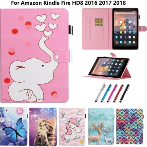 For Amazon Kindle Fire HD 8 Case 2018 2016 2017 Magnetic Kawaii Stand Coque Unicorn Cat Tablet Funda For Kindle Fire HD8 Cover