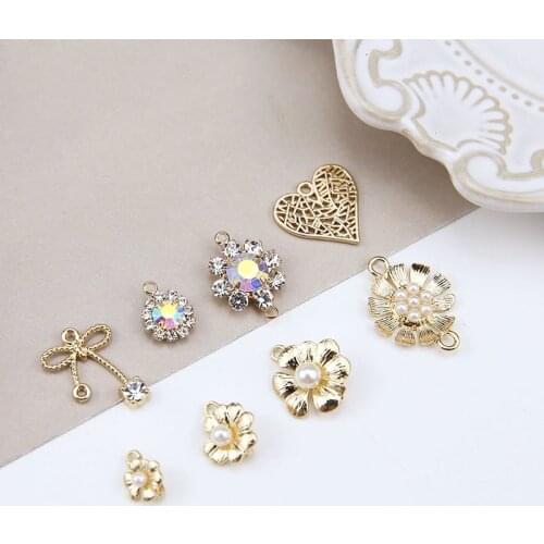10PCS/Lot Enamel Flower With Rhinestone&Heart&Bow Charm Pendants Accessories For Women Earrings DIY Craft Jewelry Findings