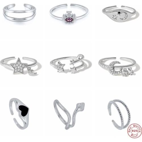 GS 925 Sterling Silver Zircon Moon Star Opening Rings For Women Snake Twisted Double Circle Adjustable Ring Party Fine Jewelry