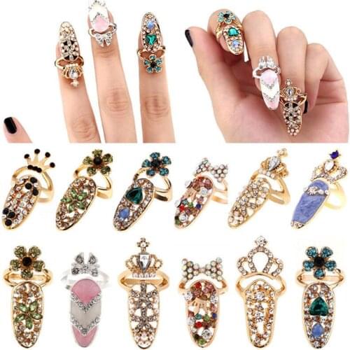Bowknot Nail Ring Charm Crown Flower Crystal Finger Nail Rings Lady Women Rhinestone Fingernail Protective Wedding Party Jewelry