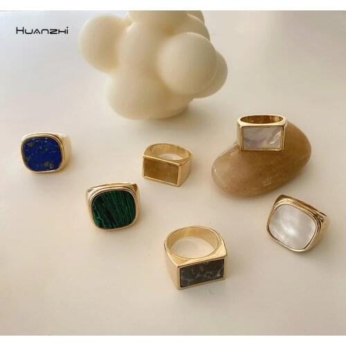 HUANZHI 2020 New Personality Vintage Trendy Marble Shell Simple Geometric Square Metal Ring For Women Girls Party Jewelry Gifts