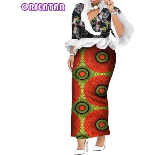 2 Pieces Set african skirt and blouse African Print Ruffles Deep V-neck Blouse and Skirts Lady African Clothes Set WY7841