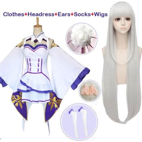 Japanese Anime Re:Zero kara Hajimeru Isekai Seikatsu Emilia Adult female costume cospaly headress Elf ears cosplay
