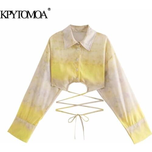 KPYTOMOA Women 2021 Fashion With Tied Tie dye Print Cropped Blouses Vintage Lapel Collar Long Sleeve Female Shirts Chic Tops