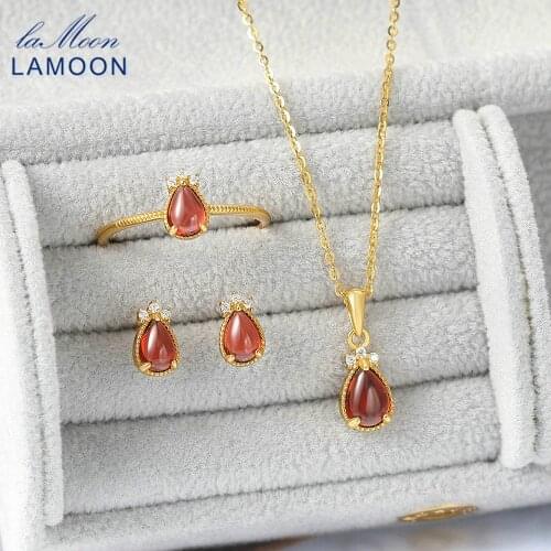 LAMOON 925 Silver Gemstone Jewelry Set For Women Natural Waterdrop Garnet 14K Gold Plated Jewelry Lovely Goldfish korean V080
