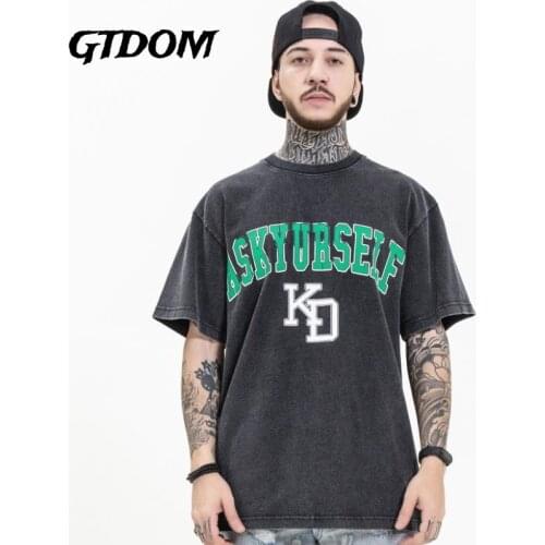 GTDOM Man Summer 2021 New Wash Make Old T-shirts Cotton Casual Loose Letter Print Floral O-Neck Short Sleeve Vintage Tees