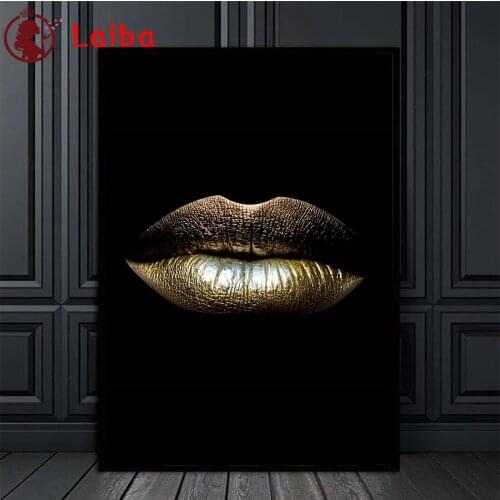 New diamond embroidery Modern art, black background, golden lips mosaic diamond paintings full square round drill Decor