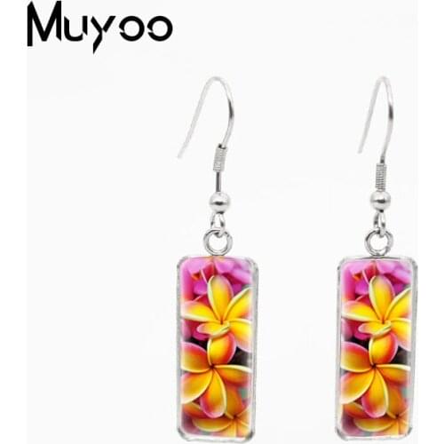 2021 New Fashion Yellow Pink Plumeria Tropical Flowers Leaf Rectangle Stainless Steel Fish Hook Dangles Earrings