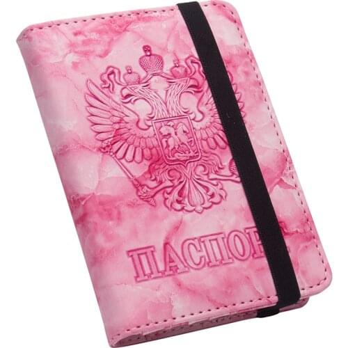 Russian Double eagle marble pattern pink standard size passport cover with bandage pu leather passport holder with traveling