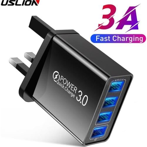 USLION 48W UK USB Charger Quick QC 3.0 4 Port USB Charger For iPhone 11 Pro Max 7 Samsung S10 Xiaomi Wall Adapter Travel UK Plug