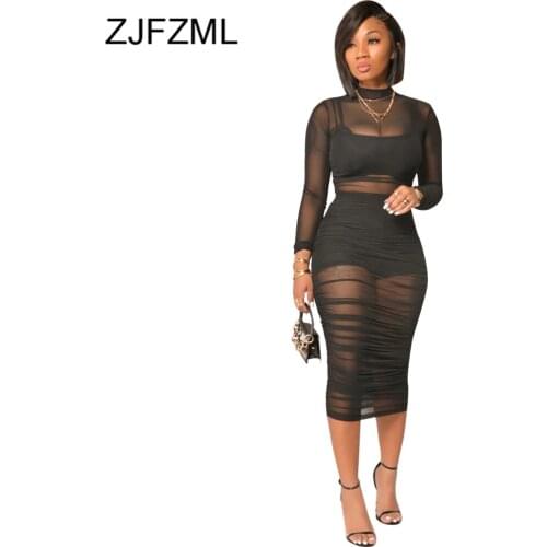 Sexy Black Mesh See-through 3 Piece Club Outfits Womens Suit Spaghetti Strap Crop Top+panties+ruched Bandage Dress Matching Set