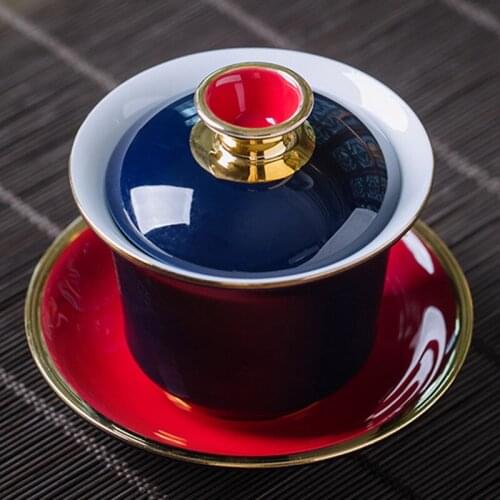 Wedding Red Gaiwan Gold Line Ceramic Tea Tureen Porcelain Big Tea Bowl Drinkware For Home Decor