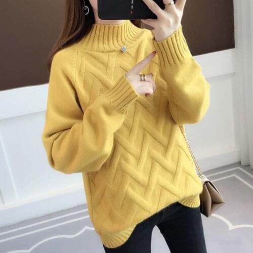 Sweater female 2021 new autumn and winter loose loose solid color half high collar sweater casual long sleeve knit pullover