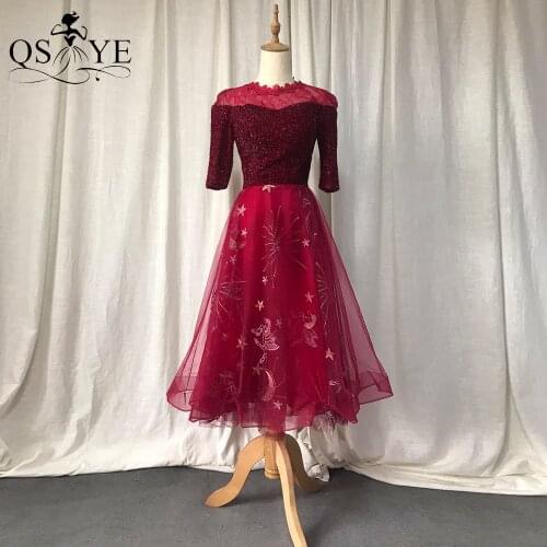 Dark Red Short Prom Dress Velvet 1/2 Length Sleeves Evening Gown Tulle Party Gown A Line Red Short Formal Dress