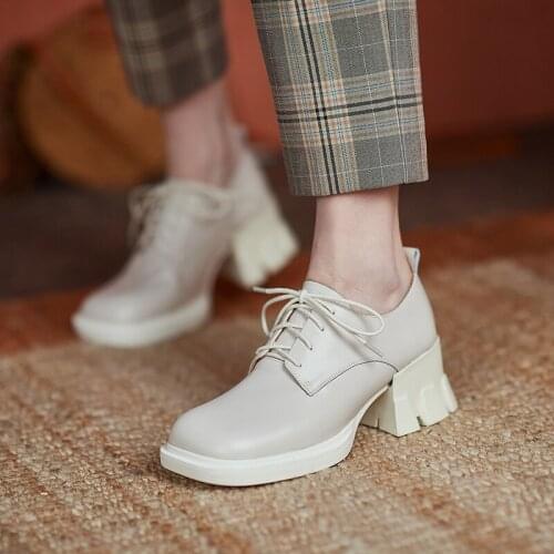 New Genuine Leather Platform Shoes Casual Lace-up Square Toe Thick Heel Spring/Autumn Flats Handmade Womens Shoes Size 34-40
