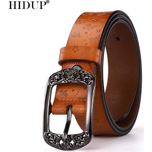 HIDUP Quality Fashion Design Floral Butterfly Genuine Leather Pin Buckle Belt Women Accessories 3.3cm Width 135cm Extend NWJ1078