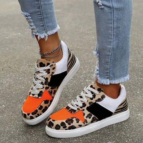 Womens Vulcanized Shoes Air Mesh Faux Fur Leopard Plus Size Female Sneaker Lace-Up Flat Shallow Leisure Ladies Footwear Fashion