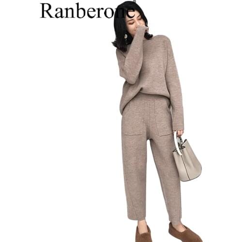 Women Tracksuit 2 Piece Set Autumn Spring Knitted Tracksuit Solid Color Long Sleeve Top Sweatshirts Pocket Wide Leg Pants Female