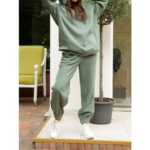 Womens Tracksuit Casual Fleece Two Piece Sets Oversized Hooded Long Sleeve Female Hoodie Suit Winter Sport Pants Ladies Set