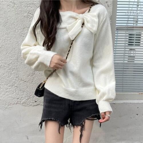 White Loose Bow Spring Fall 2021 Women Sweaters Sweet Japan Style Knitted Pullovers Korean Fashion Jumpers Ladies Tops New