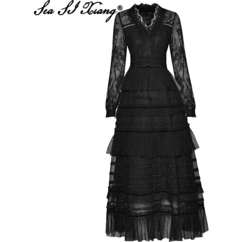 Seasixiang Fashion Designer Autumn Mesh Dress Women V-Neck Lantern Sleeve Beading Elegant Cascading Ruffle Party Long Dresses