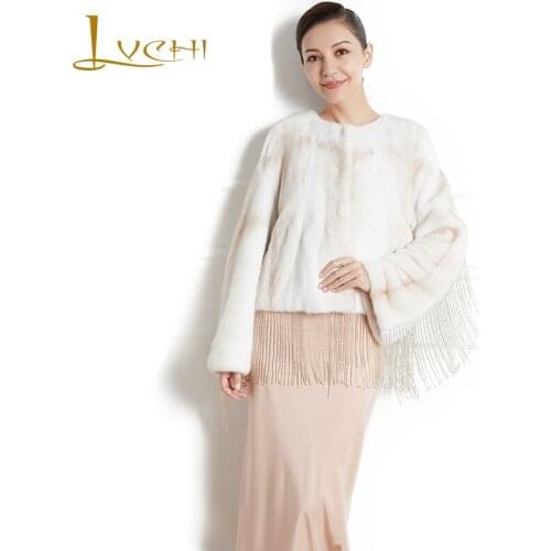 LVCHI 2019 Winter Crystal Tassel Pearls Beading Cross Mink Coat women jacket champagne colorful Short Full Sleeve Mink Fur Coats