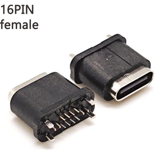 10pcs Type C Micro USB Waterproof Female Vertical Stand Plug 16 Pin All Four Feet plug Board 180° DIP Socket Connecto