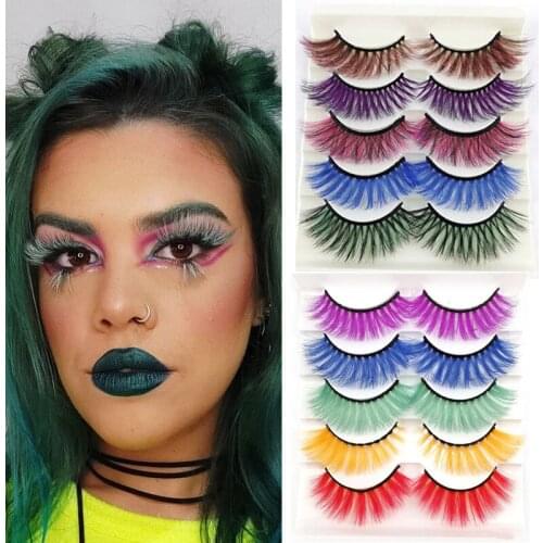 5 Pairs 3D Faux Mink Eyelash Red Yellow Green Purple Colorful Fluffy Volume False Eyelashes Makeup Beauty Rainbow Fake Lashes