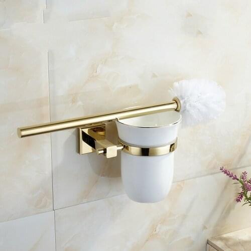 European Zirconium Gold Square Base Toilet Brush Holder Ceramic Cup Copper Toilet Brush Shelf Mounting Bathroom Hardware Sets G4