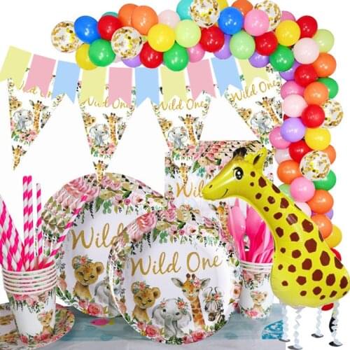 Wild One Birthday Forest Animal Tableware Jungle Safari Birthday Decoration Party Supplies Paper Plates Napkins banners Balloon