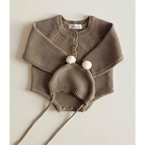 Infant Jumpsuit Summer Girl Boys Cotton Comfortable Suit Newborn Climbing Solid Color Rompers 2pc Tops + Hat Baby Clothes 2021