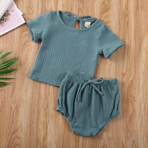 Baby Summer Clothing Set Newborn Kids Baby Boy Girl Solid Clothes Cotton Linen Tops+Shorts Pants 2pcs Short Sleeve Outfits Set