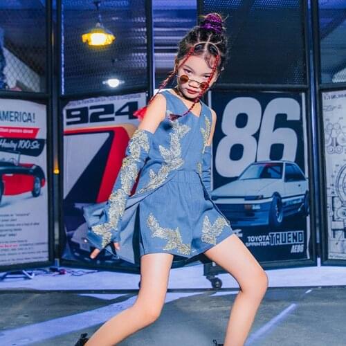 Jazz Dance Costume Girls Clothes For Hip Hop Modern Street Dance Performance Blue Set Kids Fashion Catwalk Show Clothing DQL5753