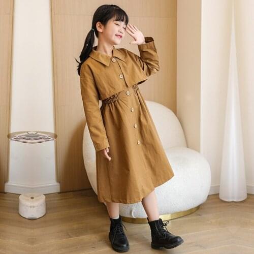 Girls Jackets 2021 Fall New Girls' Khaki Maxi Long Trench Coat Teenage Girl Solid Color Windbreaker Children Top 8 10 12 14 16T