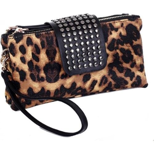 Leopard Wristlet Trifold Clutch PU Leather Wallet Fashion Designer Rivet Bag Women Wallet Bags Purse