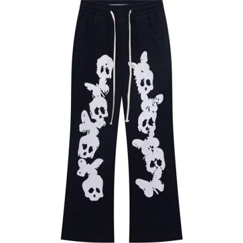 Fashion Hi Street Skull Printed Hip Hop Joggers Mens Streetwear Flare Pants Harajuku Vibe Trousers Elastic Waist