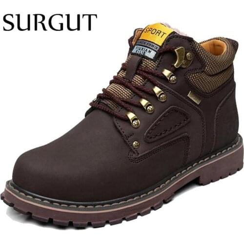 SURGUT Brand Super Warm Mens Winter Leather Men Waterproof Rubber Snow Boots Leisure Boots England Retro Shoes For Men Big Size