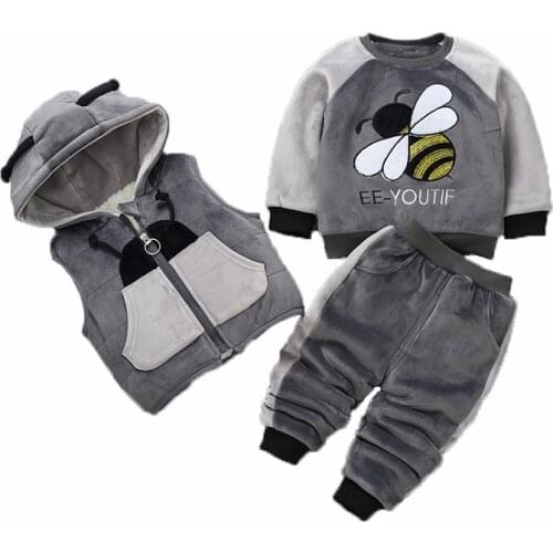 Winter New Baby Girl Clothes Children Boys Cartoon Hooded Vest T Shirt Pants 3Pcs/sets Toddler Fashion Clothing Kids Tracksuits