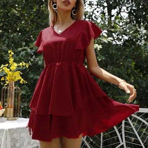 QINJOYER Women Dresses V Neck Mini Dress Ruffle Short Sleeve Dress Ladies A Line Mini Dress Chiffon Sundress Robe Summer Dress