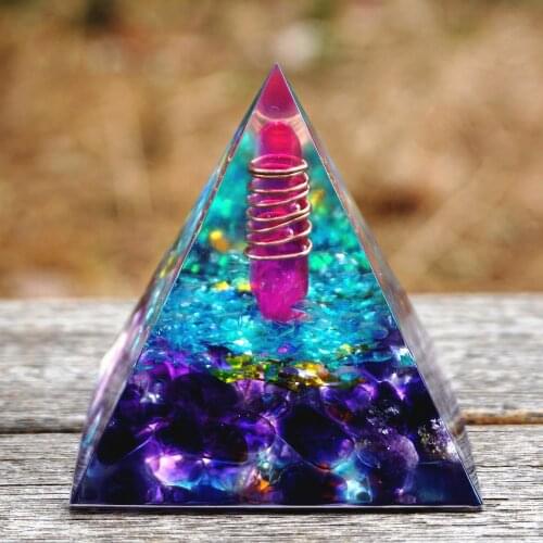 Handmade Orgonite Pyramid Crystal Point In Copper Circle&Blue Quartz,Amethyst Natural Crystal