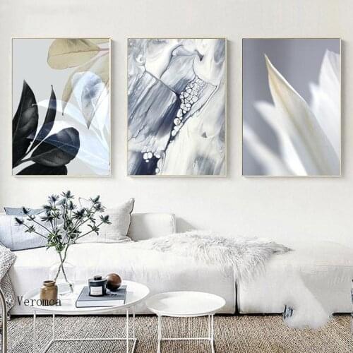Grey Black Leaf Abstract Painting On The Canvas Scandinavian Marble Poster Print Botanical Wall Art Picture Living Room Decor