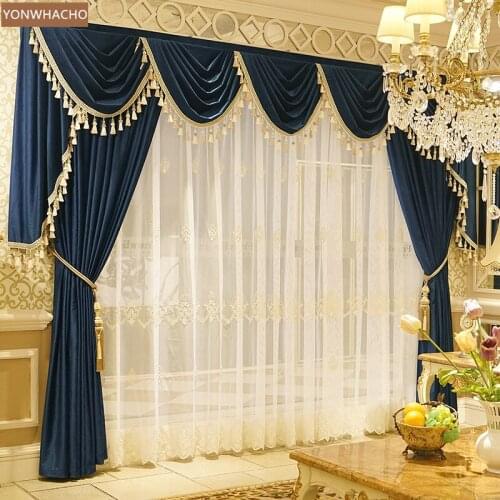 Custom curtains New navy blue simple European living room luxury thick velvet cloth blackout curtain tulle valance drape B773