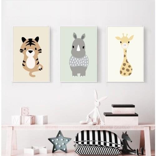 Nordic Abstract Minimalist Cute Animal Tiger Lion Giraffe Canvas Poster Print Wall Art Picture For Nursery Kids Room Decoration